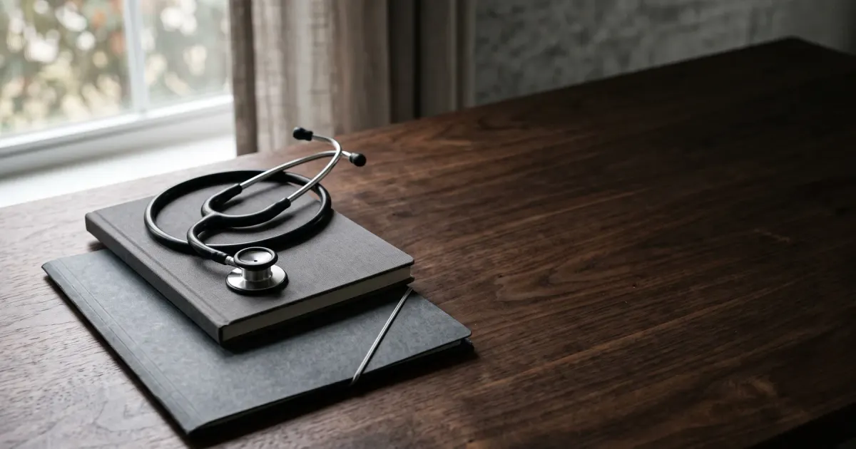 Stéthoscope, carnet de santé et pochette médicale sur un bureau sombre en noyer