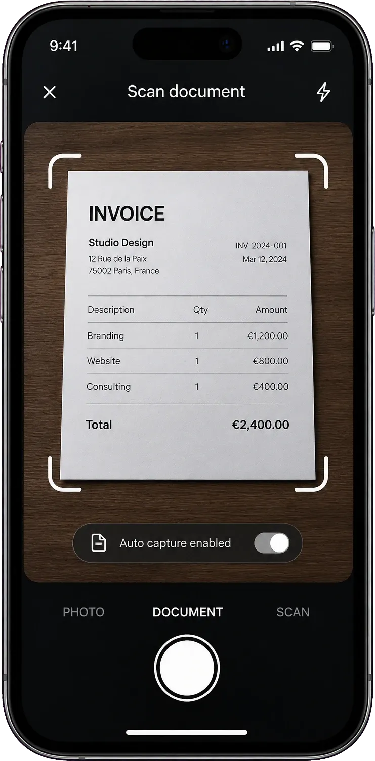 Coffrio scanner capturing an invoice inside a frame