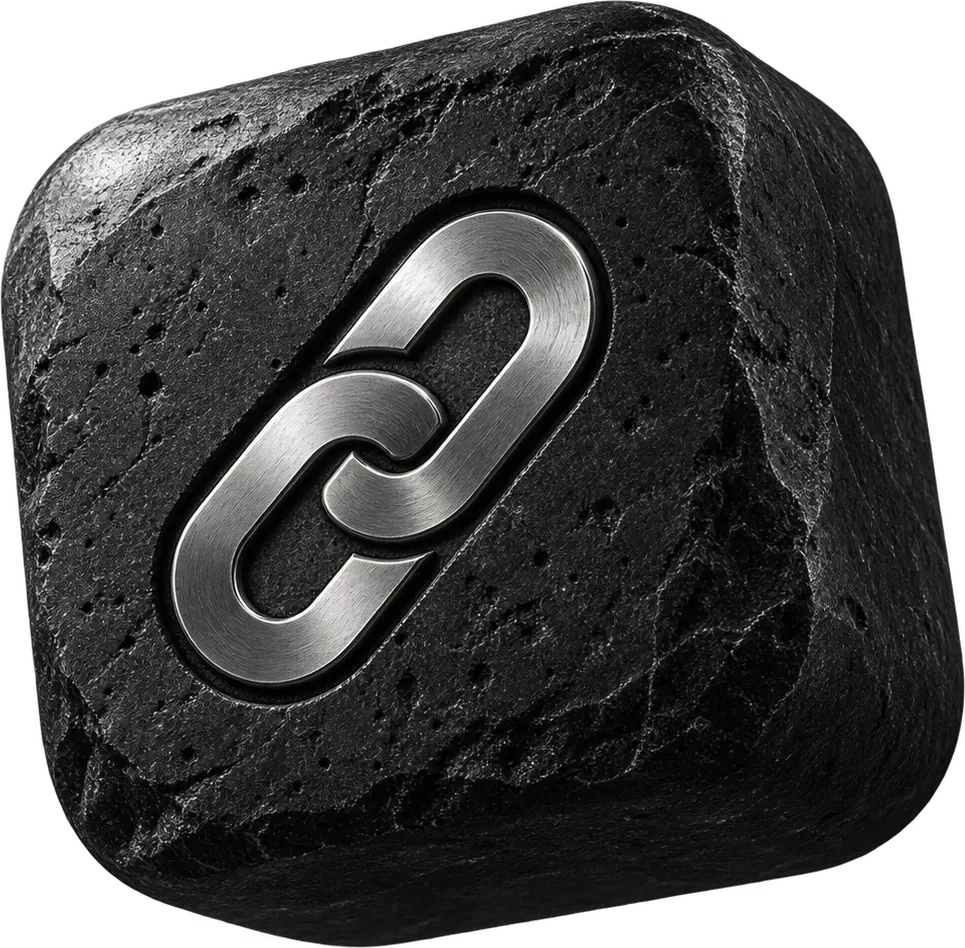 A chain-link icon set into a block of black stone