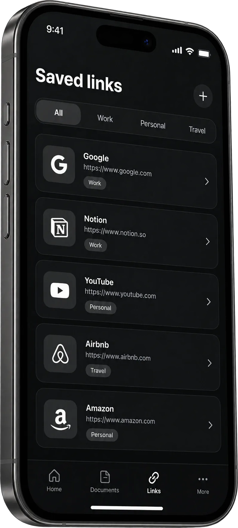 Coffrio saved links screen with links from Google, Notion, YouTube, Airbnb and Amazon