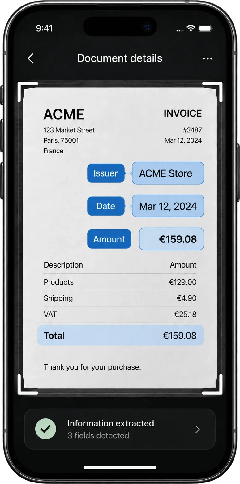 Coffrio document details screen with issuer, date and amount highlighted on an invoice