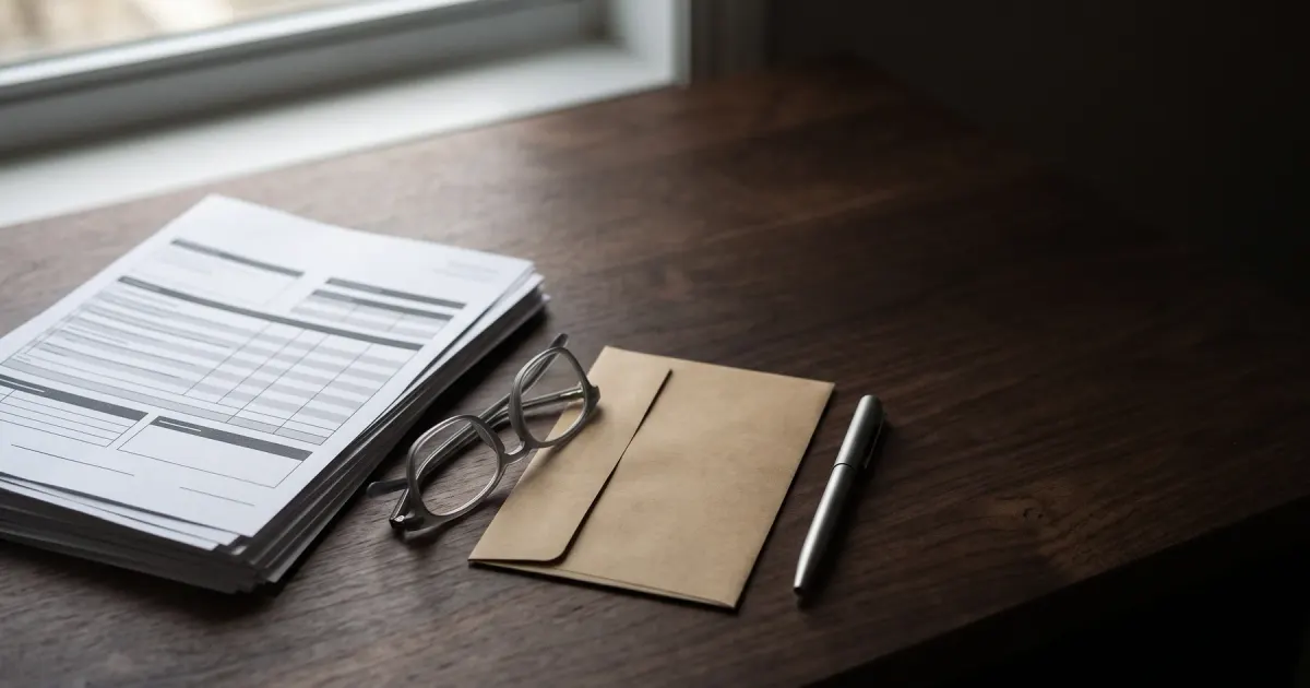 Stack of payslips, a grey calculator and a silver pen on a dark desk
