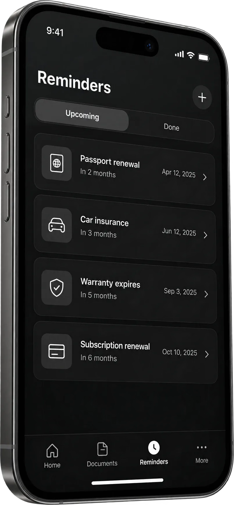 Coffrio reminders screen: passport renewal, car insurance, warranty and subscription deadlines