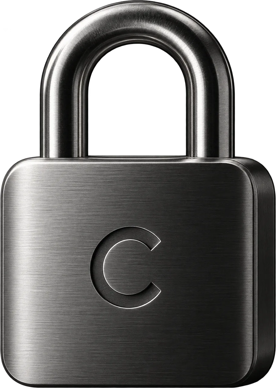 A brushed steel padlock engraved with the Coffrio letter C, resting on black stone