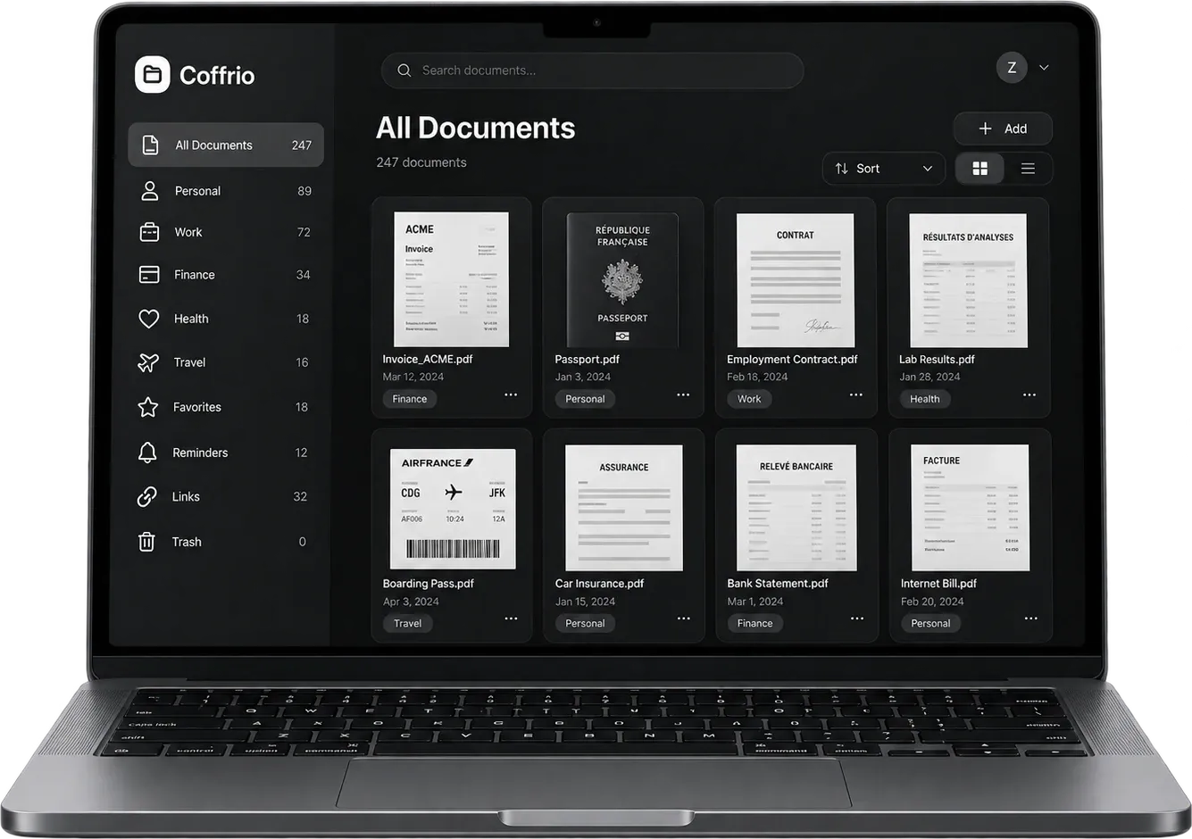 Coffrio on a laptop showing all documents in a grid