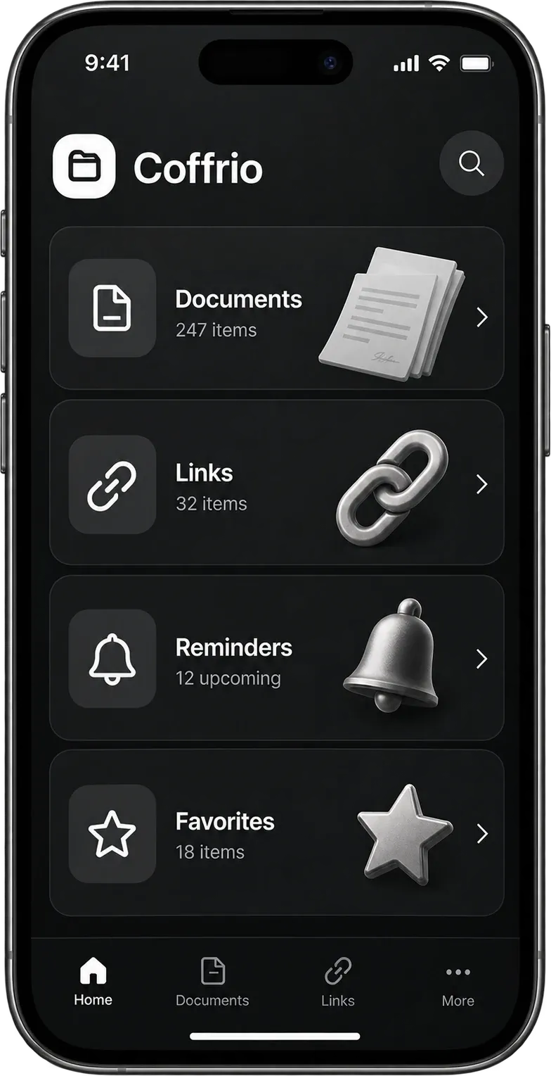 Coffrio on an iPhone showing documents, links, reminders and favorites