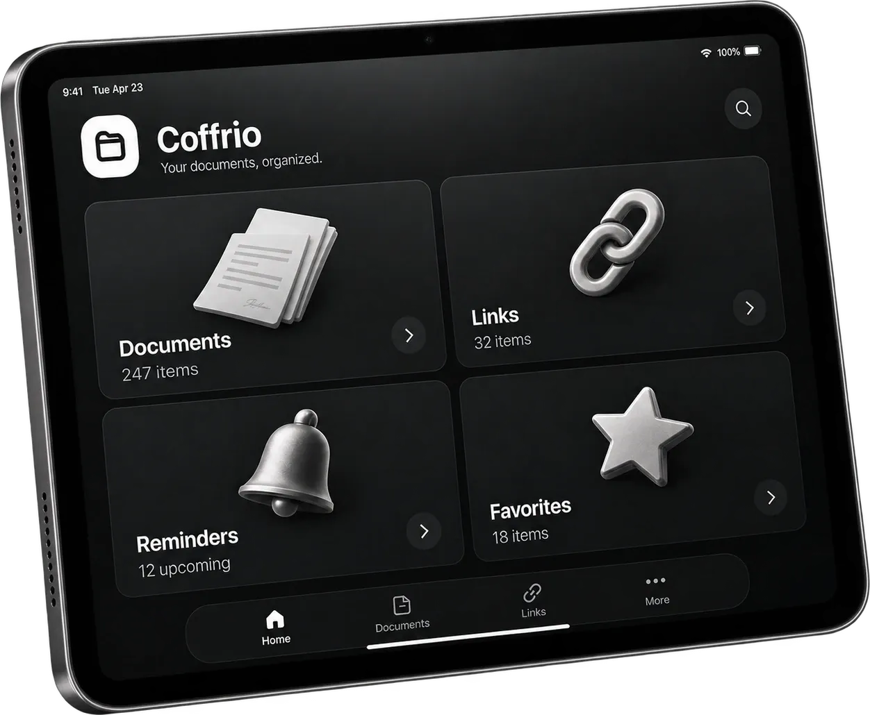 Coffrio on an iPad showing documents, links, reminders and favorites tiles