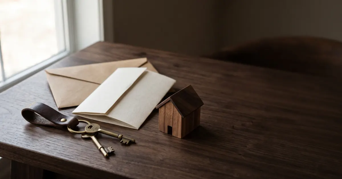 House keys, a folded tenancy agreement and a small model house on a dark walnut desk